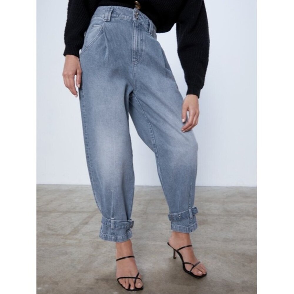 Zara Relaxed Light Wash Jeans Belted Ankle Trendy 100% Cotton Women's 6